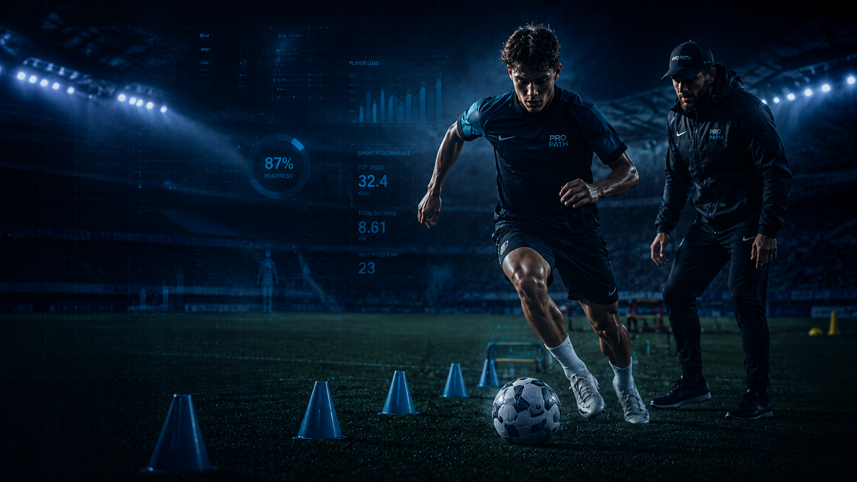 Football player and coach on training ground with performance data overlay